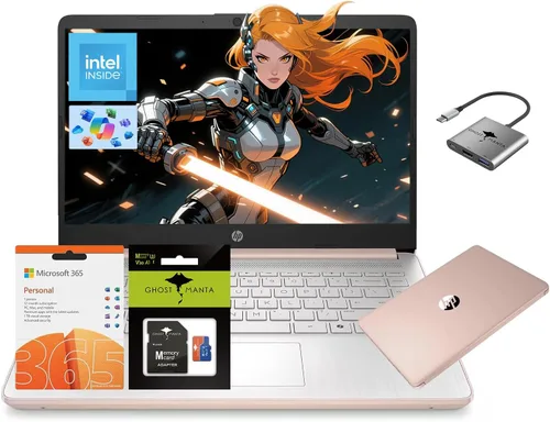 Vista 13 de HP 14 Laptop, Quad-Core (Beat i3) 4GB de RAM 256GB de almacenamiento (128GB UFS + 128GB SD Card) 1 año Office 365 Copilot AI Computadora