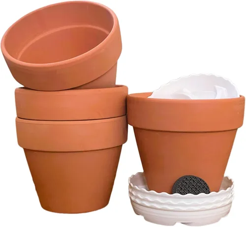 Macetas de terracota de 6 pulgadas, paquete de 4 con platillos y orificio de drenaje, macetas de arcilla transpirable para plantas saludables y