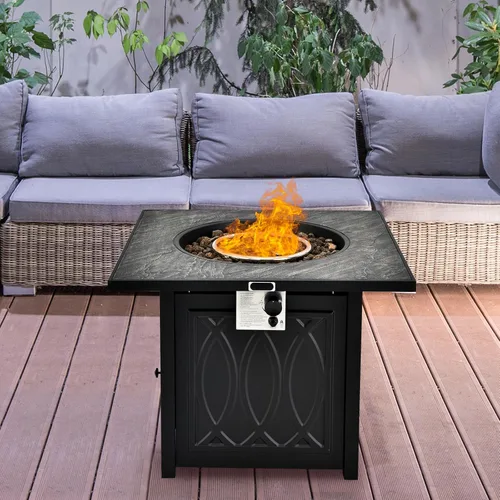 Vista 4 de COSTWAY Mesa para fogata de 50.000 BTU/14.65 KW, mesa de fuego de propano de encendido automático para exteriores, con cubierta impermeable, rocas