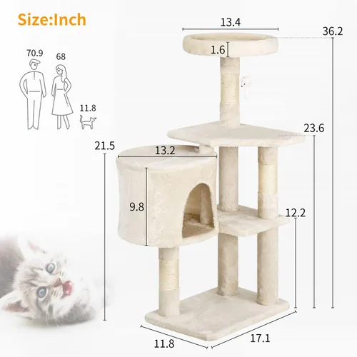 Vista 8 de BestPet Torre para Gatos de 36" Beige Torre Resistente para Gatos de Múltiples Niveles con Casita de Felpa, Percha Acogedora, Postes