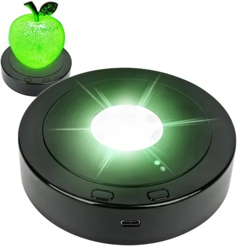 Vista 2 de Base LED giratoria: pantalla de rotación positiva y negativa con 7 luces, base de luz LED de grano de madera para arte de cristal de cristal, bonita