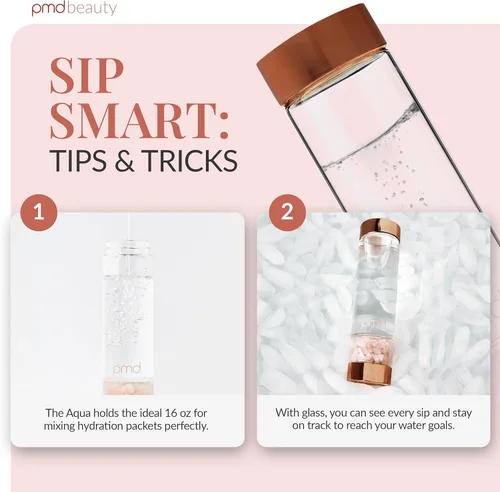 Vista 5 de PMD Beauty Botella de agua de vidrio Aqua con cuarzo rosa grado A de 16.2 onzas, botella de vidrio reutilizable, sin BPA, diseño minimalista