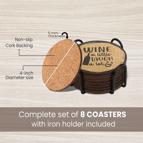 Vista 3 de Divertidos posavasos para bebidas, juego de 8 con soporte, base de corcho absorbente para protección de mesa, hechos de madera de ingeniería, ideal
