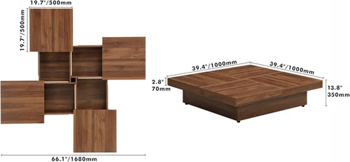 Vista 26 de Mesa de centro moderna con almacenamiento, mesa de cóctel de madera con superficie UV de alto brillo, mesas de centro rectangulares de 2 niveles