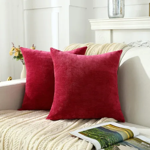 Vista 2 de Jeneoo - Fundas de almohada decorativas rojas brillantes de chenilla suave, fundas de cojín cómodas y sólidas para sofá de sala de estar