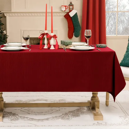 Vista 4 de Softalker Mantel Rectangular de Navidad de Jacquard - Mantel Grueso Rojo de Líneas Geométricas Impermeable y Resistente a las Manchas, Cubremanteles