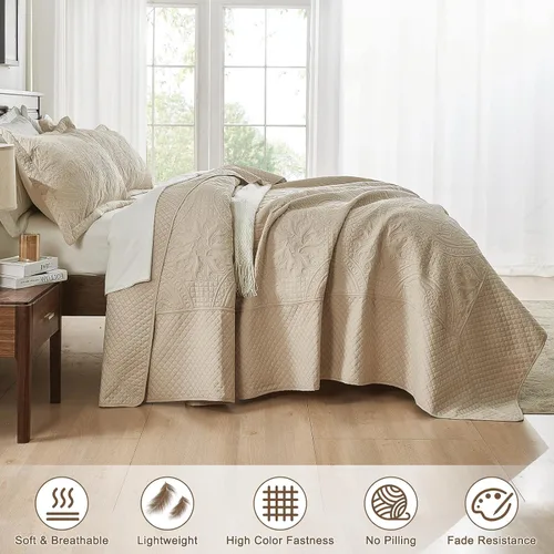 Vista 3 de Qucover Juego de colcha extragrande para cama King de 128x120, juego de edredón de microfibra suave tamaño California King de 3 piezas, colcha Beige