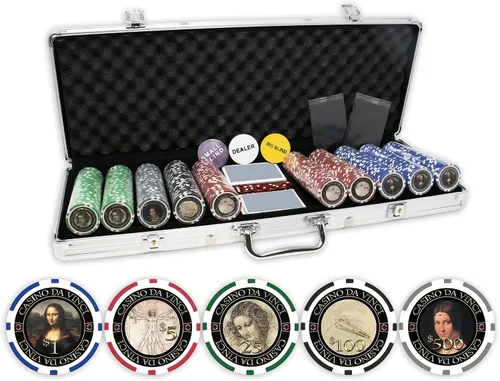 DA VINCI Masterworks - Juego de fichas de póquer con 500 fichas con denominaciones, 2 mazos de cartas, 3 botones de distribuidor y 2 tarjetas