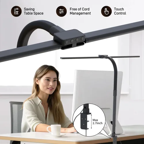Vista 5 de Lámpara de Escritorio LED para Oficina en Casa, Luz de Escritorio que Cuida los Ojos con Abrazadera, Lámpara de Trabajo de Arquitecto de Doble