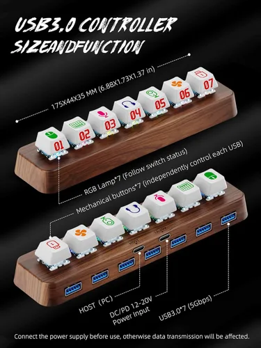 Vista 6 de Walnut Wood Hub USB 3.0 alimentado por 7 puertos, transferencia de datos de 5 Gbps, expansor de interruptor de teclado mecánico de 3 pines