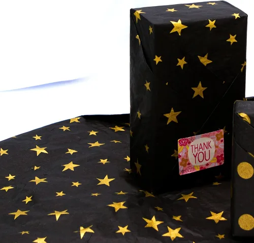 Vista 2 de MR FIVE 100 hojas de papel de seda negro con estrella dorada a granel, 20 x 14 pulgadas, papel de estrella negro dorado para bolsas de regalo