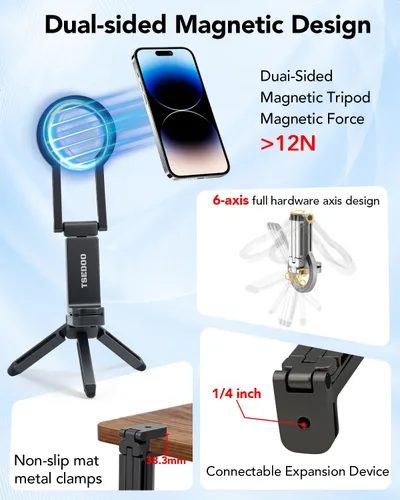 Vista 2 de Trípode magnético para iPhone – Mini soporte plegable para teléfono, agarre portátil con mango para selfie stick con 360°, artículos esenciales