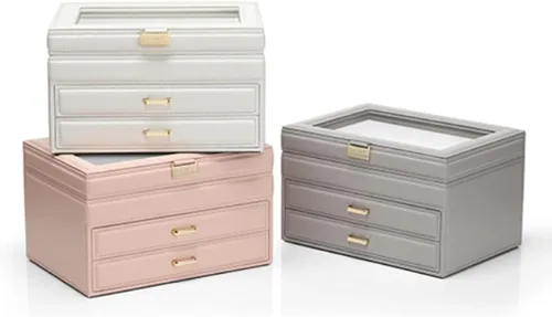 Vista 7 de DUPLUSFUN Jewelry Box Eco-friendly Leather Jewelry Travel Organizer 3 Layers Flocking Display Storage case for Mom Friends Top See-through Portable