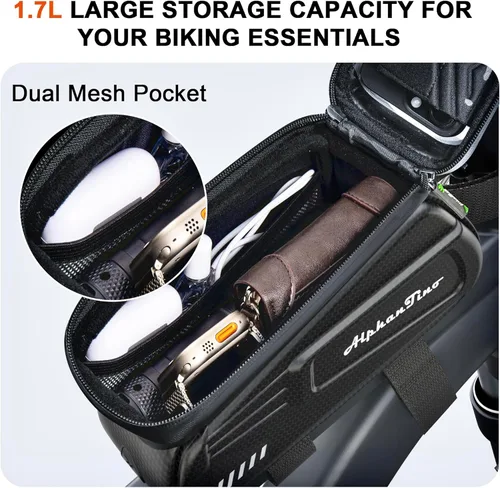 Vista 2 de Bolsa para Soporte de Teléfono para Bicicleta Alphantino - Estuche Rígido Impermeable de Gran Capacidad para Tubo Superior, Marco Frontal