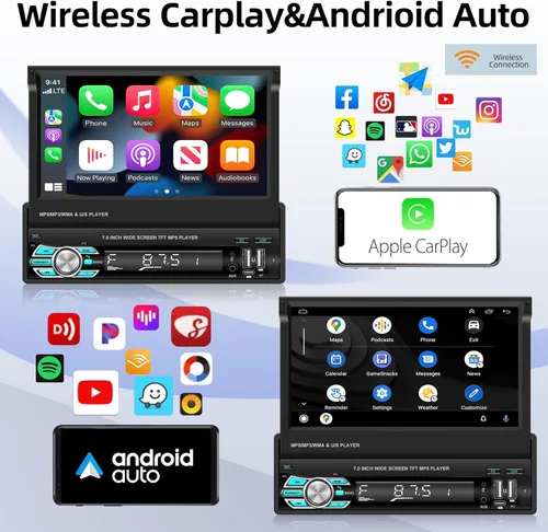 Vista 3 de Radio de coche de un solo DIN con Bluetooth, Carplay inalámbrico y Android Auto, pantalla abatible de 7 pulgadas, soporte estéreo retráctil