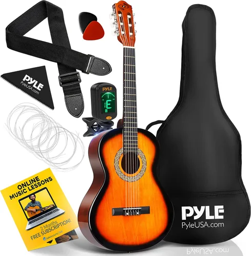 Pyle Guitarra clásica de 6 cuerdas de 36 pulgadas con sintonizador digital y kit de accesorios, (Sunburst), derecha (PGACLS82SUN.X9)