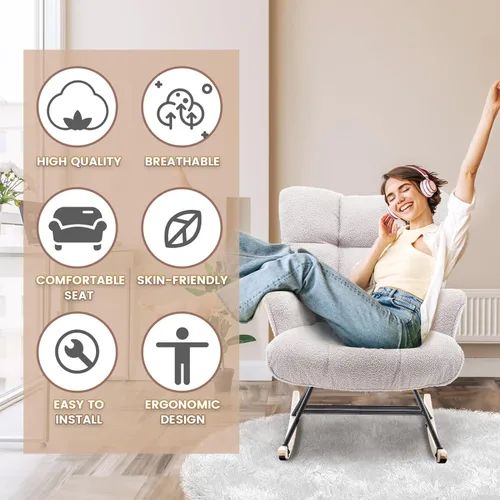 Vista 4 de Mecedora tapizada con respaldo alto, cómodo y elegante sillón con asiento acolchado para salas de estar, dormitorios grises, oficinas