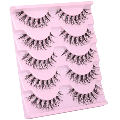 Vista 6 de Pestañas naturales, pestañas delgadas, pestañas asiáticas, aspecto natural, pestañas postizas manga con banda transparente, pestañas de ojo de anime