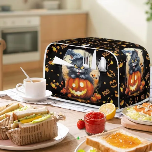 Vista 2 de Fundas para tostadora de gato negro de 2 rebanadas de ranura larga, lavable, cubierta de polvo de calabaza para pan, cubierta de Halloween