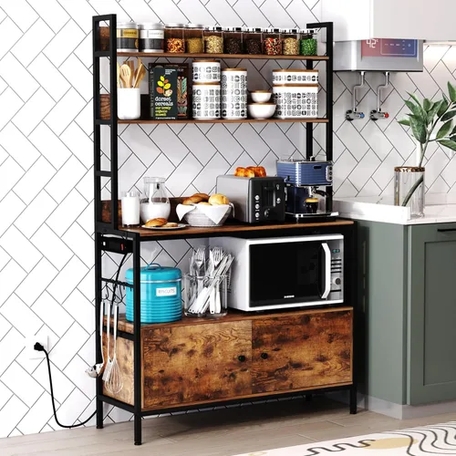 Vista 8 de Estante de cocina para panaderos con cestas, estante de almacenamiento independiente de 5 niveles, soporte industrial para horno microondas, Negro