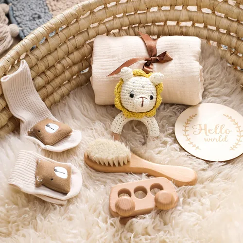 Cesta de regalo para bebé recién nacido, regalos de ducha para bebés niños y niñas con sonajero de león de madera, juego de baño básico de 6 piezas
