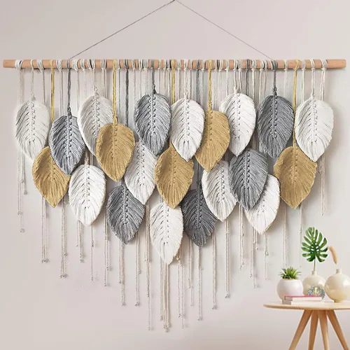 Vista 8 de LOMOHOO Tapiz de macramé para colgar en la pared, diseño bohemio de hojas beige, tejido a mano, decoración de pared para dormitorio, sala de estar