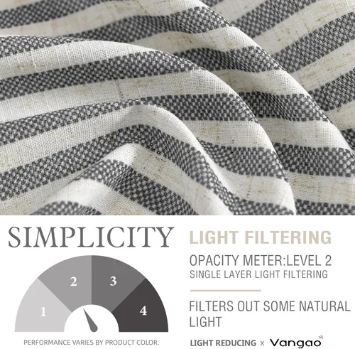 Vista 4 de Vangao Cenefa de cocina de lino a rayas, corta, estilo campestre, rústico, con filtro de luz, bolsillo para barra, 16 pulgadas, 1 panel, negro sobre