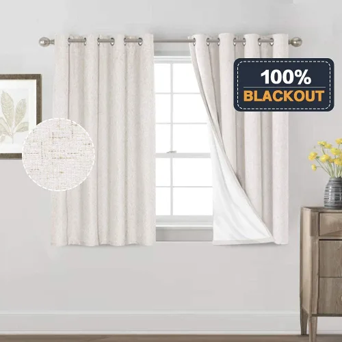 Vista 387 de PrinceDeco Cortinas con textura de lino 100% opacas de 64 pulgadas de largo, juego de 2 paneles de cortinas de lino opacas con forro aislante Arena