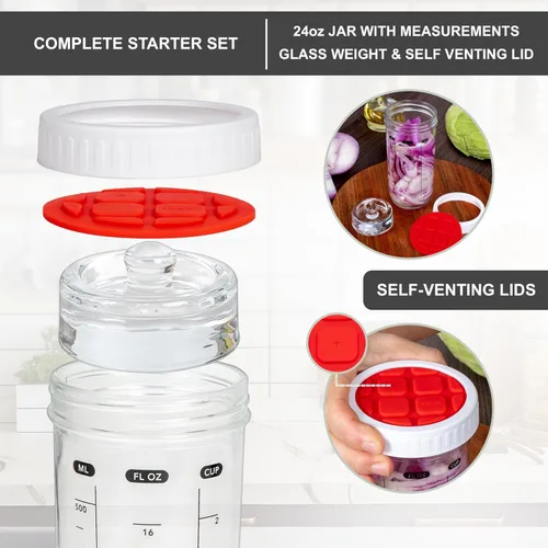 Vista 5 de Kit de fermentación con tarro Mason – Tapas de fermentación y peso de vidrio, tapas para eructos para frascos Mason, juego de inicio de tarro