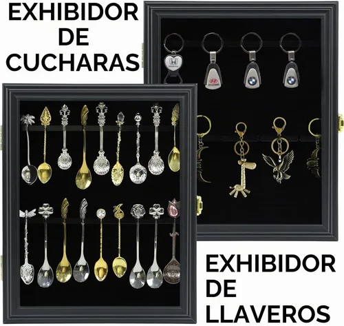 Vista 2 de 18 Recuerdo Cuchara de té vitrina de montaje en pared Bloqueable Protección UV Puerta de acrílico Soporte de exhibición de madera para la colección