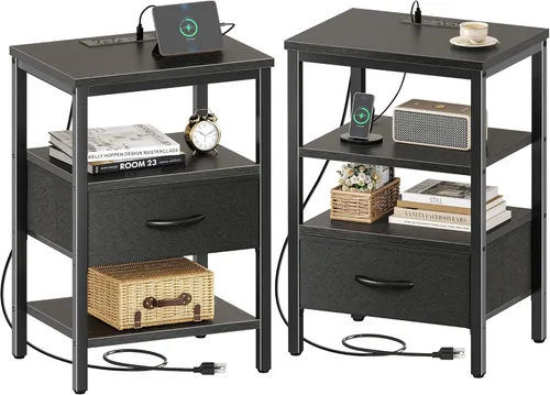 Vista 14 de SUPERJARE - Juego de 2 mesitas de noche con base de carga, cajón de tela ajustable, mesita de noche para dormitorio, de 3 niveles, para sala