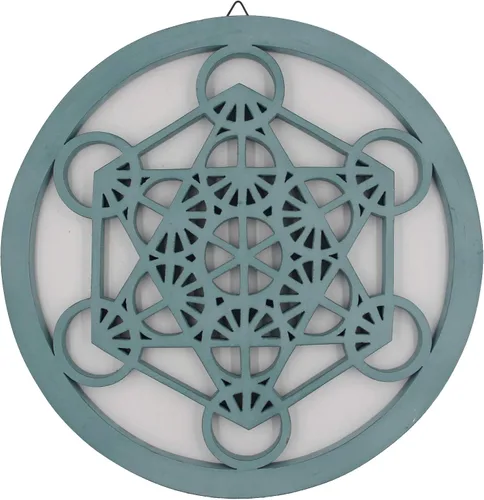 Vista 5 de DharmaObjects Cubo de metatrón grande con geometría sagrada hecha a mano para decoración de pared de madera, arte colgante (negro, 15.75 pulgadas)