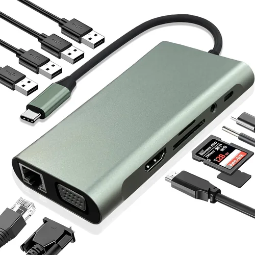 Estación de acoplamiento USB C Hub 11 en 1, adaptador multipuerto tipo C con HDMI 4K, VGA, 100W PD, USB 3.0, RJ45 Ethernet, lector de tarjetas