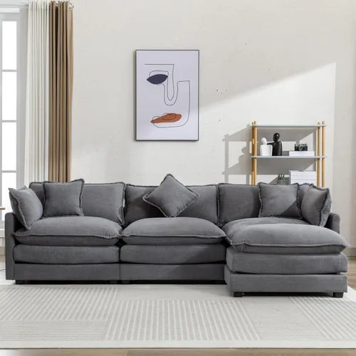 Vista 178 de Sofá modular de felpilla con tapicería en forma de L, sofá modular de 4 asientos con otomana extraíble y 5 almohadas para sala de estar, apartamento