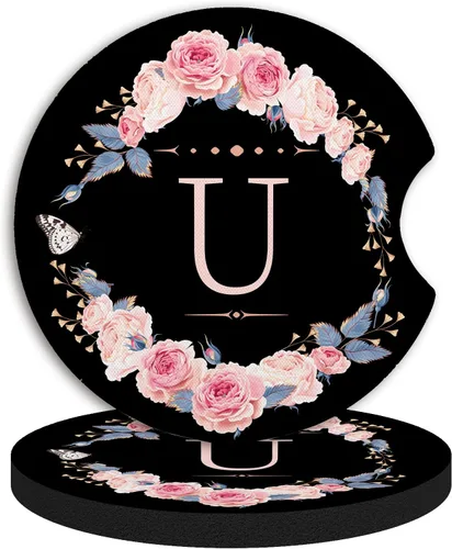 Vista 22 de 2 piezas de posavasos de coche con la letra A, posavasos absorbentes universales de neopreno con muesca para el dedo, accesorios de coche para mujer