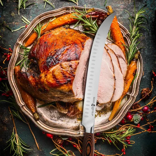 Vista 6 de TUO Cuchillo de carnicero Cuchillos de carnicero de 12 pulgadas con borde de Granton curvado para cortar carne y verduras Mango de madera de Pakka