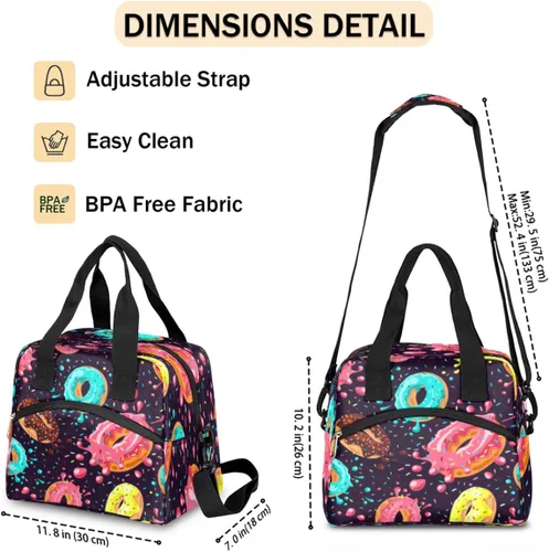 Vista 4 de Bolsa de almuerzo aislada para mujeres y hombres, colorida y divertida, grande, reutilizable, a prueba de fugas, bolsa de almuerzo con correa