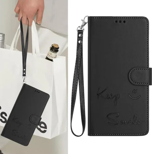 Vista 7 de Flip Wallet Case for Motorola Moto E32 4G (Int'l), Keep Smile Embossed Leather Cover with Card Slots, RFID Blocking, Kickstand, Wrist Strap Black.