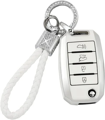 Vista 10 de PIFOOG Funda para Llavero de TPU con Cadena de Llaves Brillante, Llaveros de Entrada sin Llave, Botones de Protección, Blanco Plateado, Blanco
