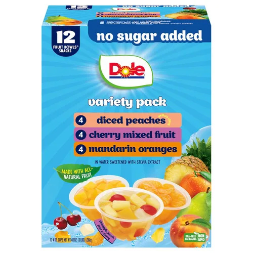 Dole Duraznos en Cubitos, Naranjas Mandarinas y Frutas Mixtas de Cereza sin Azúcar Añadido Paquete Variado - Bocadillos Dole Fruit Bowls - Tazones
