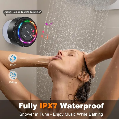Vista 2 de PEDVSTY Altavoz de ducha Bluetooth impermeable, mini altavoz inalámbrico portátil con luces LED, ventosa, flotante, sonido de cristal, para baño