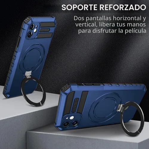 Vista 5 de Funda magnética para iPhone 11 [compatible con MagSafe] con 2 protectores de pantalla de vidrio templado con soporte de anillo, grado militar Azul
