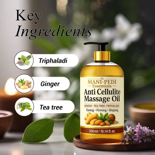 Vista 3 de Aceite de masaje anticelulítico con aceite de jengibre para masaje de drenaje linfático. Enriquecido con aceite de árbol de té y hierbas naturales