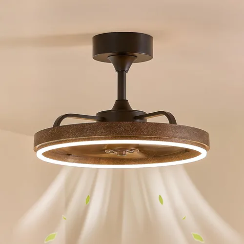 Farmhouse Fandelier Retro Ceiling Fan with Light, 20" Rustic Brown Dimmable LED Chandelier Ceiling Fans, Low Profile Smart Bladeless Ceiling Fan
