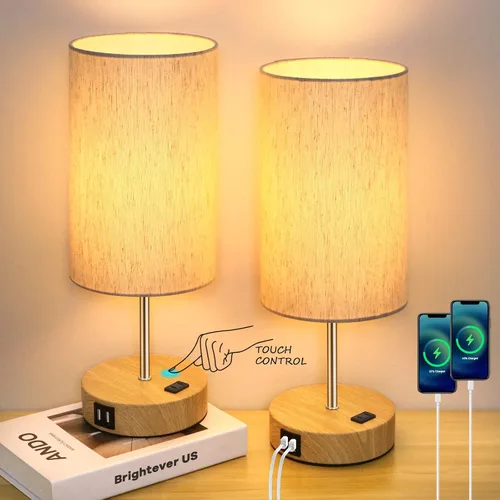 Vista 12 de Lámparas de mesita de noche con 2 puertos de carga USB y salida de CA, juego de 2 mesas de noche con base de madera de control táctil, lámparas Crema