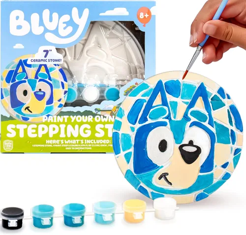 Bluey Pinta tu propia piedra escalonada, diseña 7 obras de arte de piedra de bricolaje, kit divertido para niños, juego de arte de piedras pintables