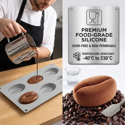 Vista 4 de Coffee Bean Mold 6-Cavity Silicone Baking Mold with Lip Design for Chocolate, Gummy Candy, Ice Cubes, Creative Kitchen Tool..