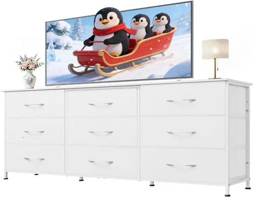 Vista 22 de Soporte de TV blanco para TV de 60, 65, 70 pulgadas, centro de entretenimiento con 8 cajones, mesa consola multimedia con parte superior de madera