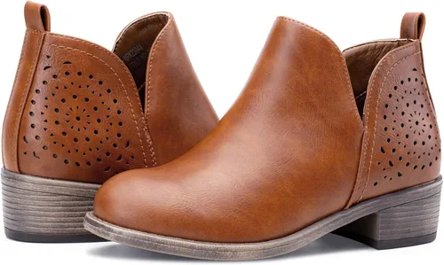 Vista 8 de VEPOSE botas al tobillo para mujer con tacón bajo y grueso, con perforaciones, botas de vaquero