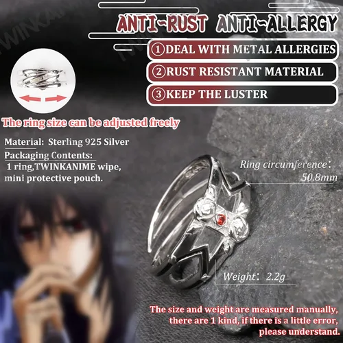 Vista 2 de TWINKANIME Anillo de plata S925 con diseño de caballero vampiro de anime para accesorios de cosplay, anillo ajustable de alta durabilidad